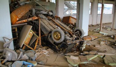 Car deposited on the second floor of a Kesennuma high school by the 2011 Tōhoku earthquake and tsunami, taken two years ago today (Miyagi-ken)