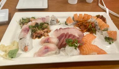 Beautiful and delicious chef’s platter I enjoyed recently with two rolls, two types of nigiri and sashimi, and two raw fish salads the chefs came up with