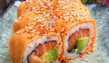 The fall roll: Salmon, avocado, sake and soy marinated shiitake. Wrapped in lightly picked sweet potato.