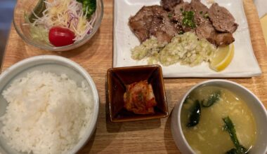 Yakiniku, Egg soup, vegetable salad, kimchi and rice for dinner