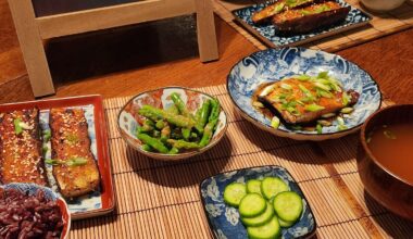 Ichiju sansai dinner: Miso butter salmon, Miso-glazed eggplant, Asparagus with spicy mustard dressing, wild rice, miso soup and pickled cukes