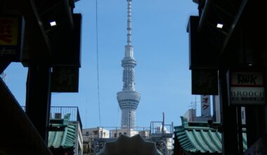 Tokyo Skytree viewed from a market near Sensoji Temple