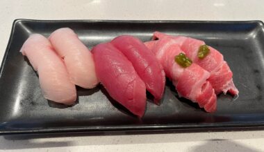 Some sushi I had for lunch yesterday. Hamachi, Blue Fin, Otoro.