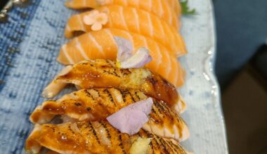 Salmon flamed nigiri with grated ginger ~