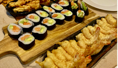 Prawn Tempura and Salmon Sushi for dinner.