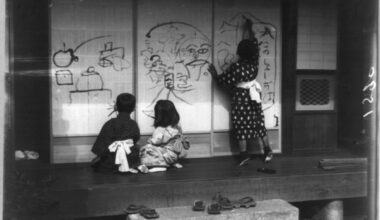 Three children drawing, on panels, Japan, 1909 [1,536×1,097]