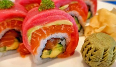 My brother’s rainbow sushi. It has salmon, tuna, avocado and cucumber topped with green tobiko.