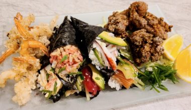 Homemade Shrimp Tempura, Sushi Hand Rolls, Chicken Karaage