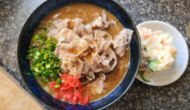 Beef curry udon with Japanese potato salad