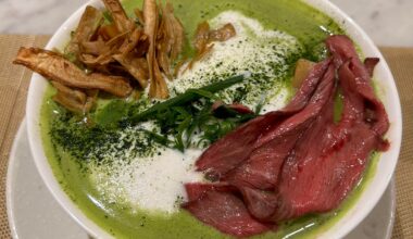 Matcha chicken white soup ramen with wagyu roast beef at MENSHO SAN FRANCISCO in Shinjuku