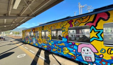 Colorful train at JR Ozu station, Ehime.