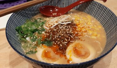 Miso Ramen, with Negi, moyashi, corn, softboiled egg and spicy grounded meat