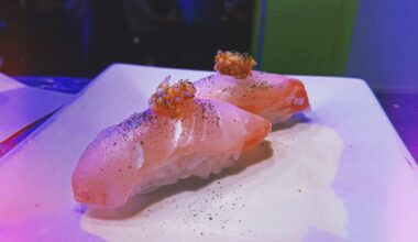 Amadai nigiri served with its fried scales and shiso salt on top. More tasty things I make at work!