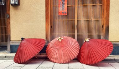 Paper umbrellas drying on the street in front of a teahouse yesterday in Kyoto