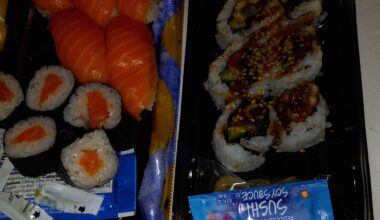 Dark lighting but favorite sushi sashimi choices.