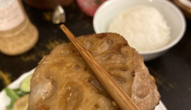 Homemade Renkon Tsukune (lotus root with a ground chicken patty) using a recipe from one of my mom’s oh so many Japanese cooking magazines 🍗