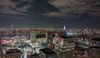 Skytree, Docomo Tower, and Tokyo Tower taken from Tokyo Metro. Gov. building. November, 2022.