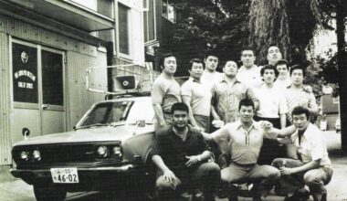 NJPW's young lions pose for a photo outside the dojo, circa 1974