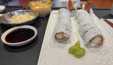 Day after Christmas sushi. Fried panko shrimp, cured salmon, cream cheese