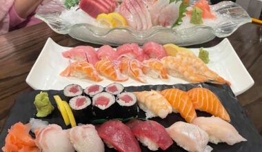 Various plates of sushi & sashimi