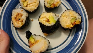 Tonight's sushi! Krab mix with lobster bits, butterfly shrimp, everything bagel smoked salmon, avocado, and bell peppers. By far the most disappointing flavor wise.