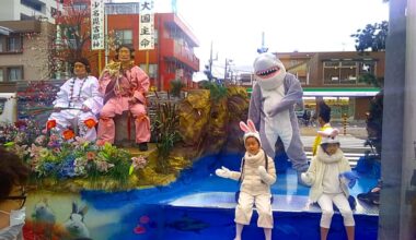 Japan in one pic. Tradition, cute rabbits and a dancing shark for no reason