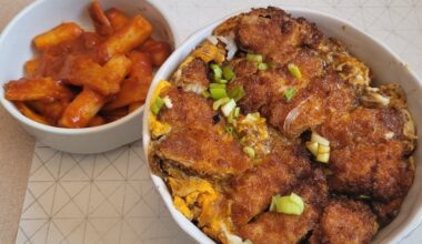 homemade Chicken Katsudon with a side of tteokbokki