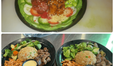 salmon and Tuna poke bowl on top, with a steak and baked salmon hibachi i made for work. Less than a year experience.