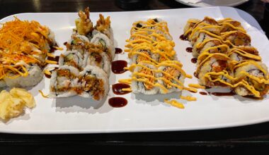 Lobster scallop roll, shrimp tempura, spicy crab and deep fried California roll .. was absolutely delicious