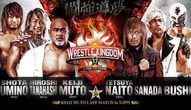 I really like the final NJPW match for Mutoh at Wrestle Kingdom: prestigious, inter-generational and gives marquee guys a spot. The quasi-spiritual lineage of Mutoh-Tanahashi-Umino v. the former Stardust Genius, Mutoh’s protegee in SANADA, and his former AJPW trainee and fellow mist-spitter, BUSHI