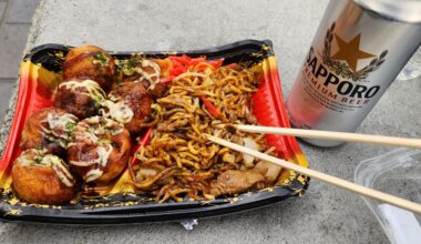 Takoyaki, yakisoba, and Sapporo