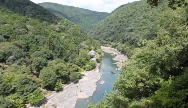 Beautiful view looking over the Katsura River from an observation deck near Arashiyama bamboo grove.