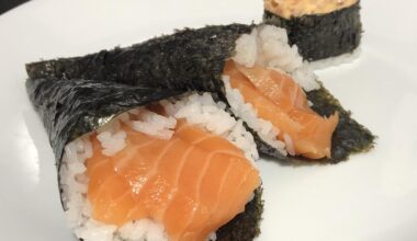 Salmon hand rolls and spicy salmon gunkan maki