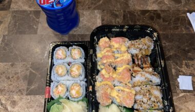 Spicy crab roll, volcano roll and shrimp tempura. Sushi night about to go down