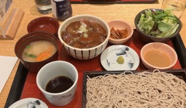 Steak donburi and zaru soba lunch set with a matcha panna cotta from Ootoya (Union Square, NYC)