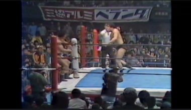 Kengo Kimura tries to defeat his rival Tatsumi Fujinami with the superplex, a move he had just seen in a photo in the Tokyo Sports newspaper. He doesn't quite nail it. [NJPW, 4/17/1981]