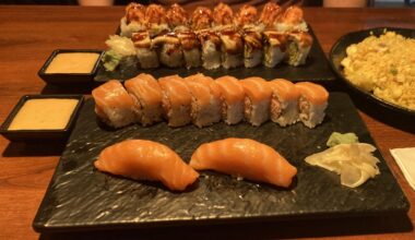 went with the sake nigiri and Michigan roll (crab salad roll topped with salmon). BF got a crazy dragon roll and volcano roll. sooo gooood