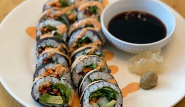 My New Year’s resolution was to eat more vegetables, but I didn’t say how I’d be eating them! I made these with cucumber, carrots, greens, and avocado and topped them with spicy mayo.