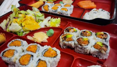 Bento w/ spicy salmon, and eel/salmon/avocado roll at Volcano - Morgantown, WV