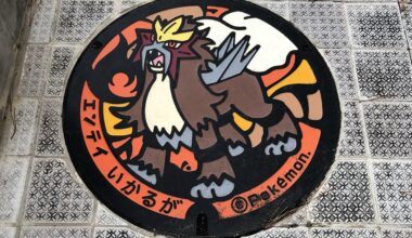 This is a Entei's Pokémon manhole. Called an “Pokefuta” in Japanese. I took a picture in ikaruga-shi, Nara.