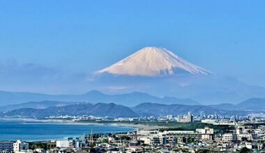 Mt. Fuji fully covered with snow. Seen from the hills above Enoshima.