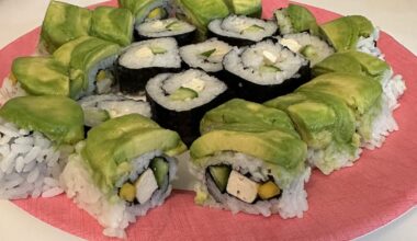 Homemade sushi for Valentine’s Day last night. My girlfriend doesn’t eat raw fish so made it with avocado, tofu, cucumbers, mango, and bell peppers. Though we spent the whole night making it, it was delicious!