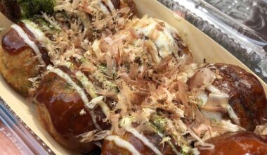 Takoyaki with all the fixins, from a food stand in Harajuku.