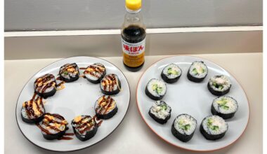 California Maki. My first attempt at making sushi. They came out about twice the desired/traditional size. 12oz ponzu bottle for scale.