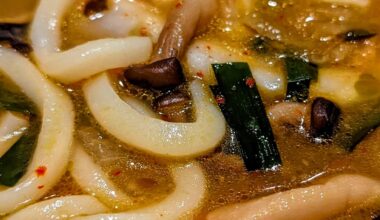 Spicy Udon Noodle with Shimeji mushrooms, kale, spinach, onion, Chinese chives, ginger, garlic, veggie goyza, red pepper and more