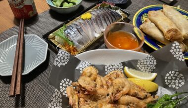 Dinner featuring homemade shibaebi karaage and harumaki