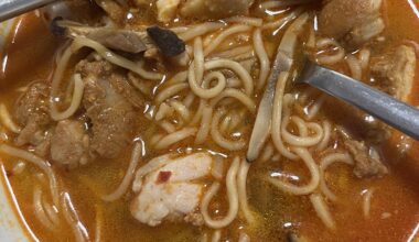 My breakfast. Spicy ramen topped with chicken and mushrooms.