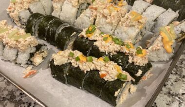 I’ve recently taken up making sushi at home to save some money. Salmon, Krab, and Tuna. These were the first rolls I was proud enough to post as most have fallen apart in the past!