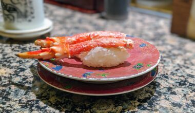 Crab Nigiri at the Sushi belt place in Sapporo, Hokkaido