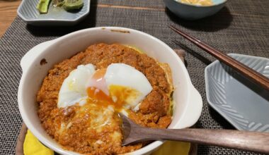 Saffron rice doria with meat sauce and busted ass onsen tamago